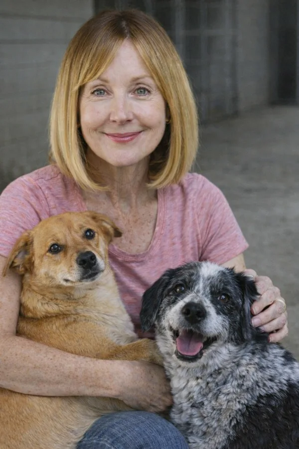 Fátima Souza abraçada aos seus dois cachorros