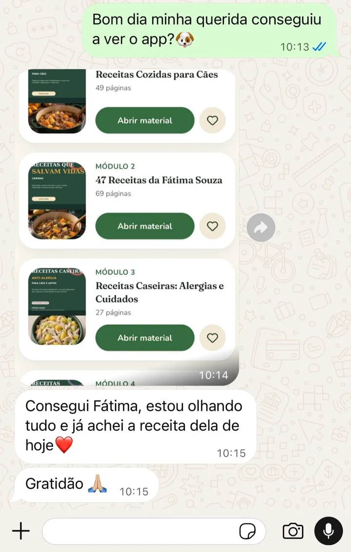 Cliente mostra o app com os módulos das receitas e agradece
