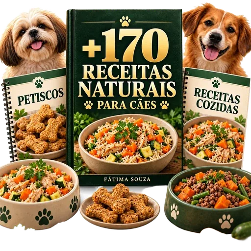 Mockup do pacote com mais de 170 receitas naturais para cães